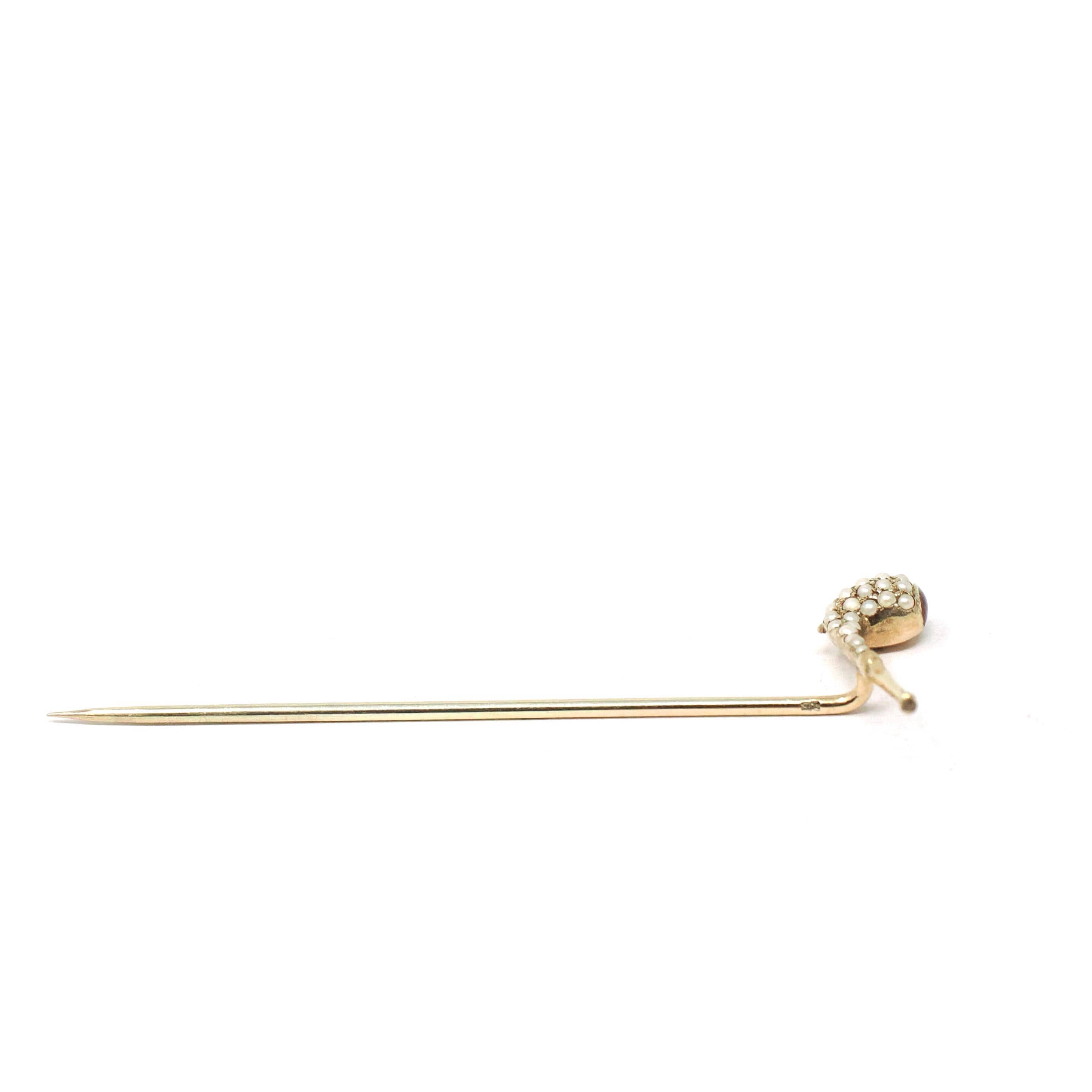 Antique Smoking Pipe Pin - Edwardian 14k Yellow Gold Red Enamel & Faux Pearls - Circa Early 1900s Era Mens Unisex Scarf Hat Tie Fine Jewelry