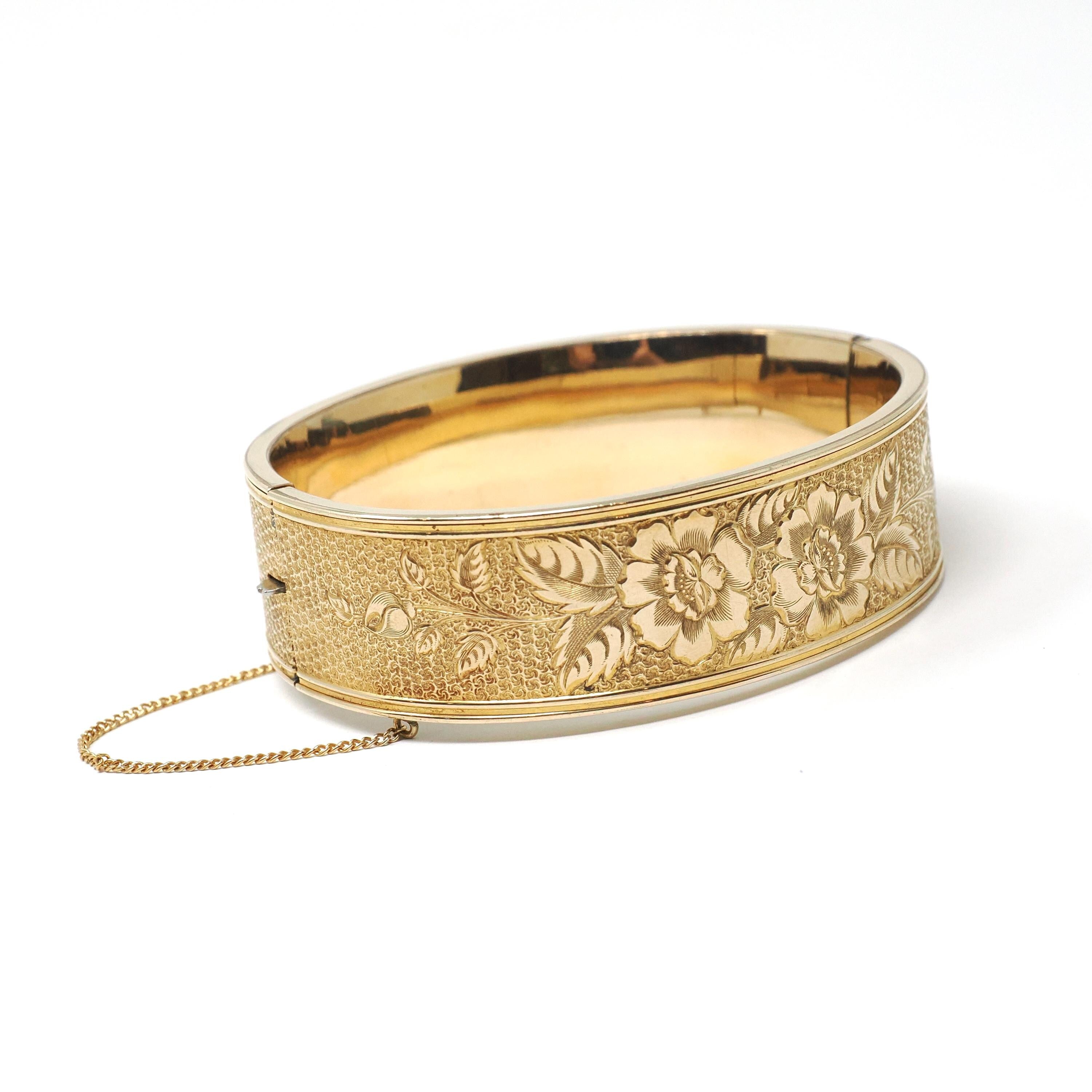 Vintage Bangle Bracelet - Mid Century Gold Filled Wide Hinged Floral Engraved Statement Design - Circa 1940s Era Fashion Accessory Jewelry