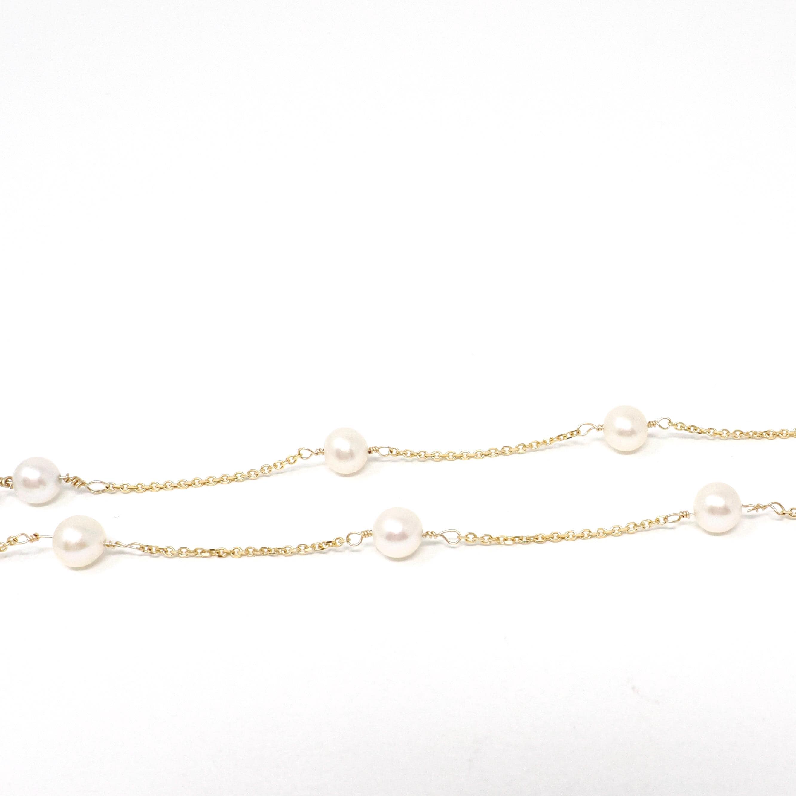 Cultured Pearl Station Necklace - Modern 14k Yellow Gold Stationary Dainty Cable Link Chain - Estate Circa 2000s Era 15 1/2 Fine Y2K Jewelry
