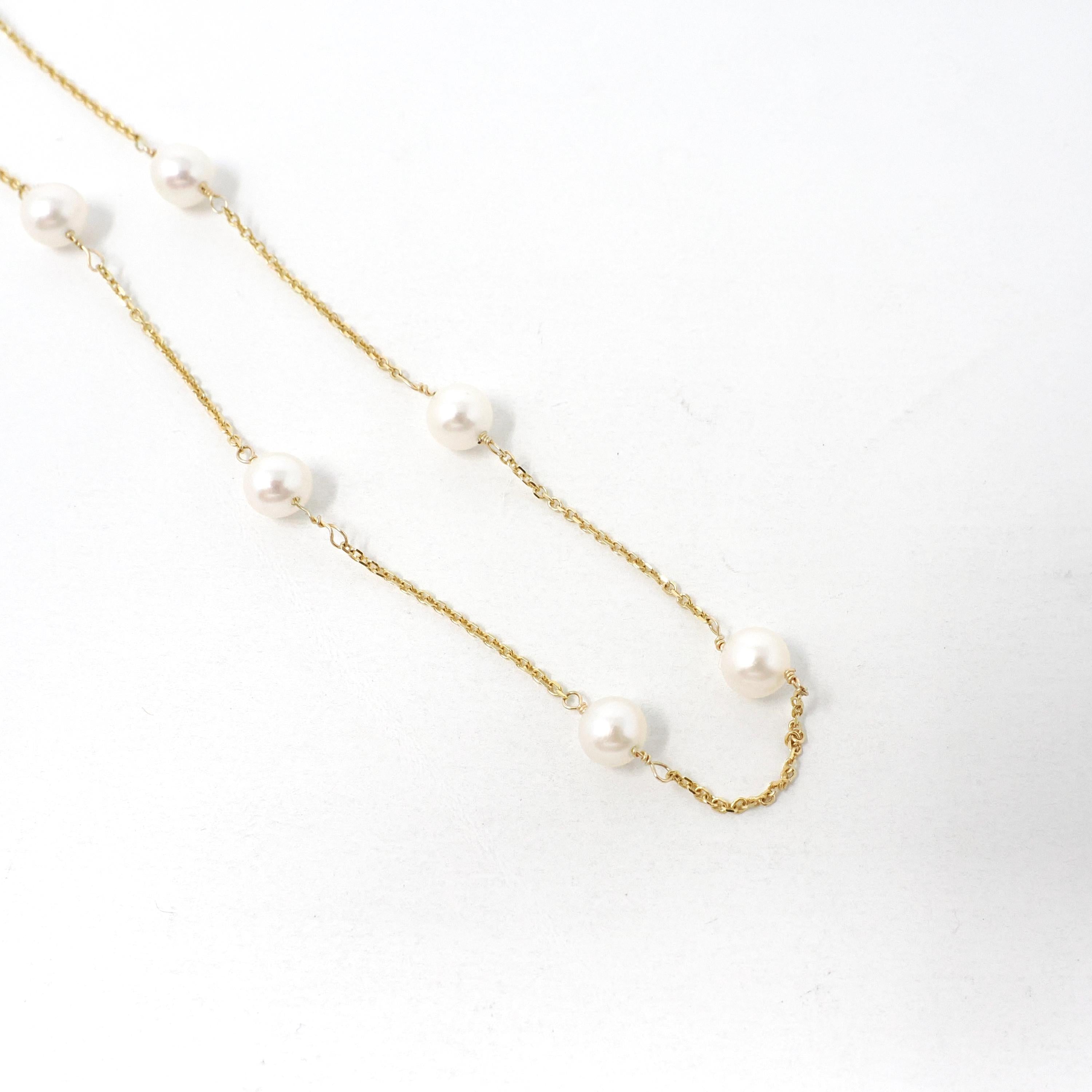 Cultured Pearl Station Necklace - Modern 14k Yellow Gold Stationary Dainty Cable Link Chain - Estate Circa 2000s Era 15 1/2 Fine Y2K Jewelry