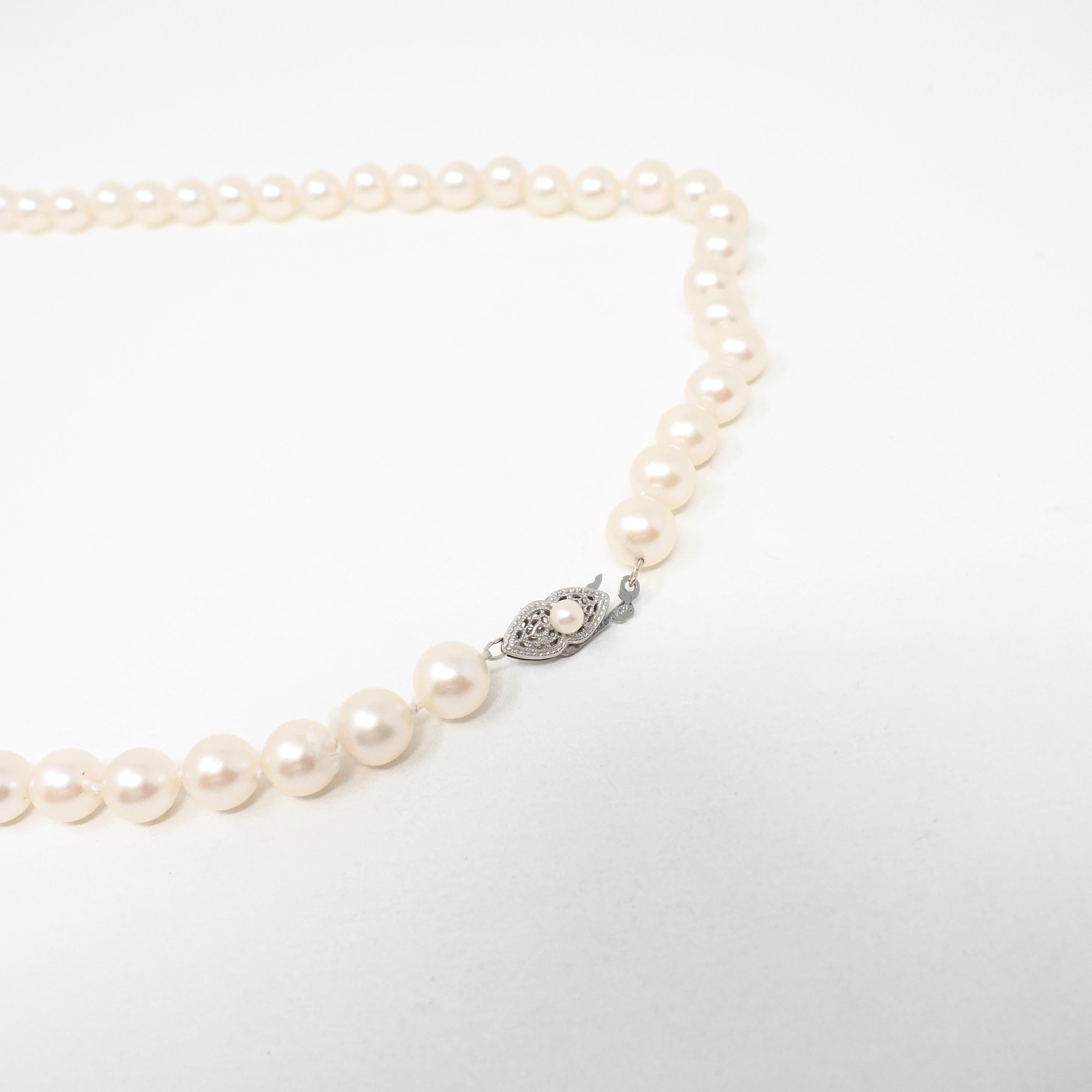 Cultured Pearl Necklace - Vintage 14k White Gold Individually Knotted 7 MM Strand - Mid Century Era Circa 1960s Era Statement Fine Jewelry