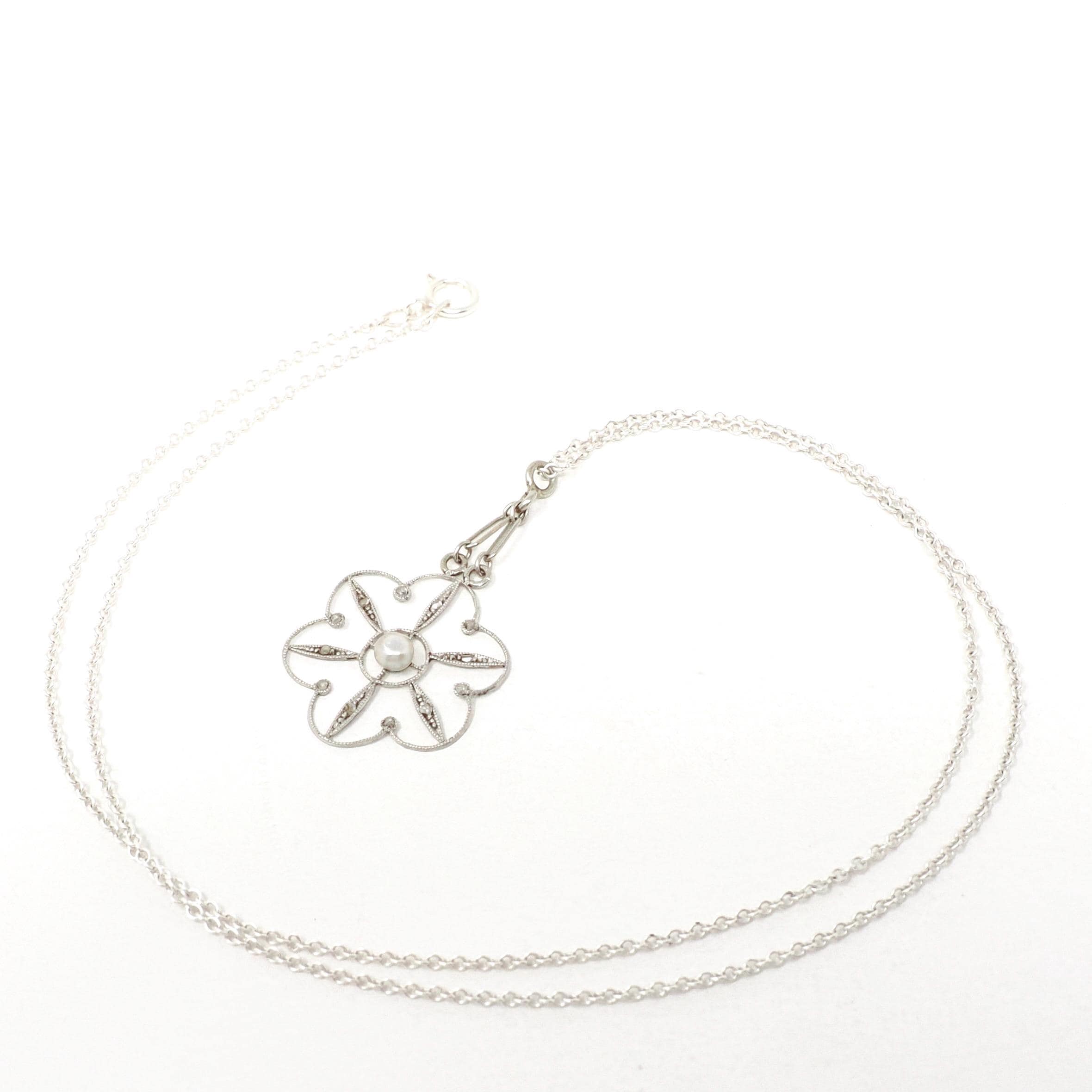 Antique Flower Pendant - Edwardian Era Platinum 10k White Gold Figural Floral Lavalier - Circa 1900s Pearl Diamond Converted Fine Jewelry