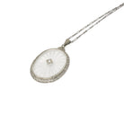 Rock Crystal Quartz Necklace - Art Deco 14k White Gold Oval Natural Diamond Pendant - Antique Circa 1920s Statement Filigree Fine Jewelry