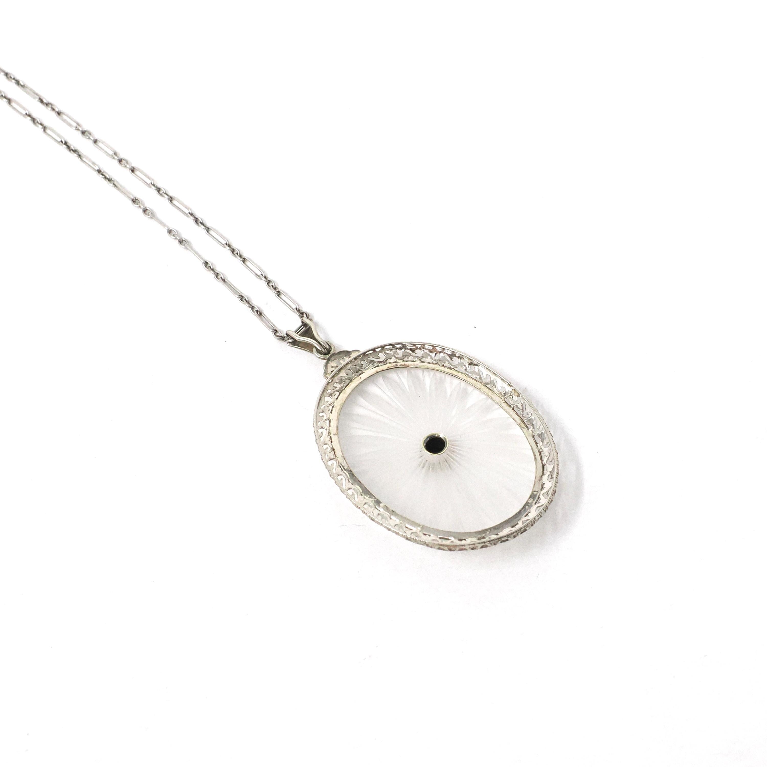 Rock Crystal Quartz Necklace - Art Deco 14k White Gold Oval Natural Diamond Pendant - Antique Circa 1920s Statement Filigree Fine Jewelry