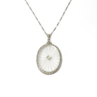 Rock Crystal Quartz Necklace - Art Deco 14k White Gold Oval Natural Diamond Pendant - Antique Circa 1920s Statement Filigree Fine Jewelry