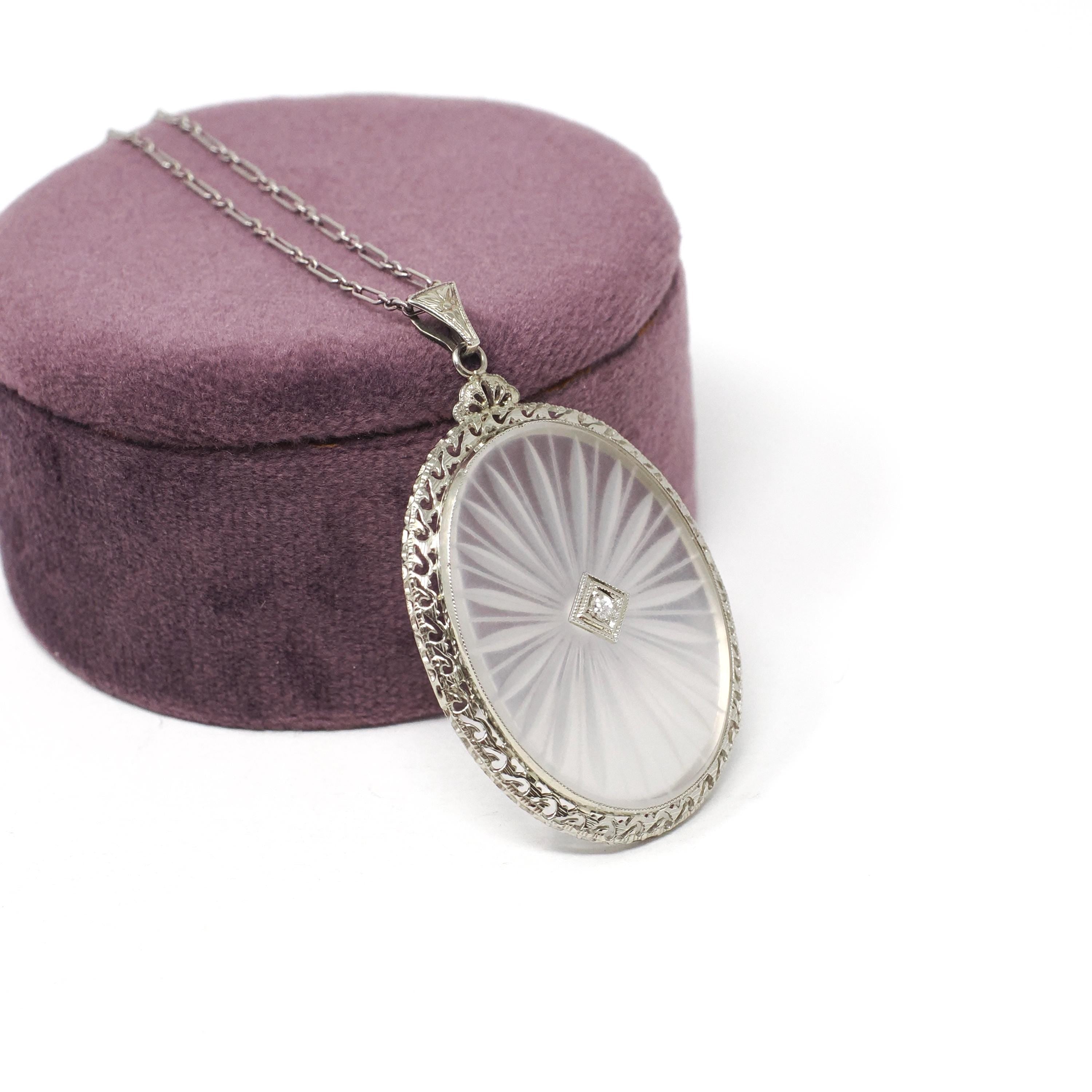 Rock Crystal Quartz Necklace - Art Deco 14k White Gold Oval Natural Diamond Pendant - Antique Circa 1920s Statement Filigree Fine Jewelry