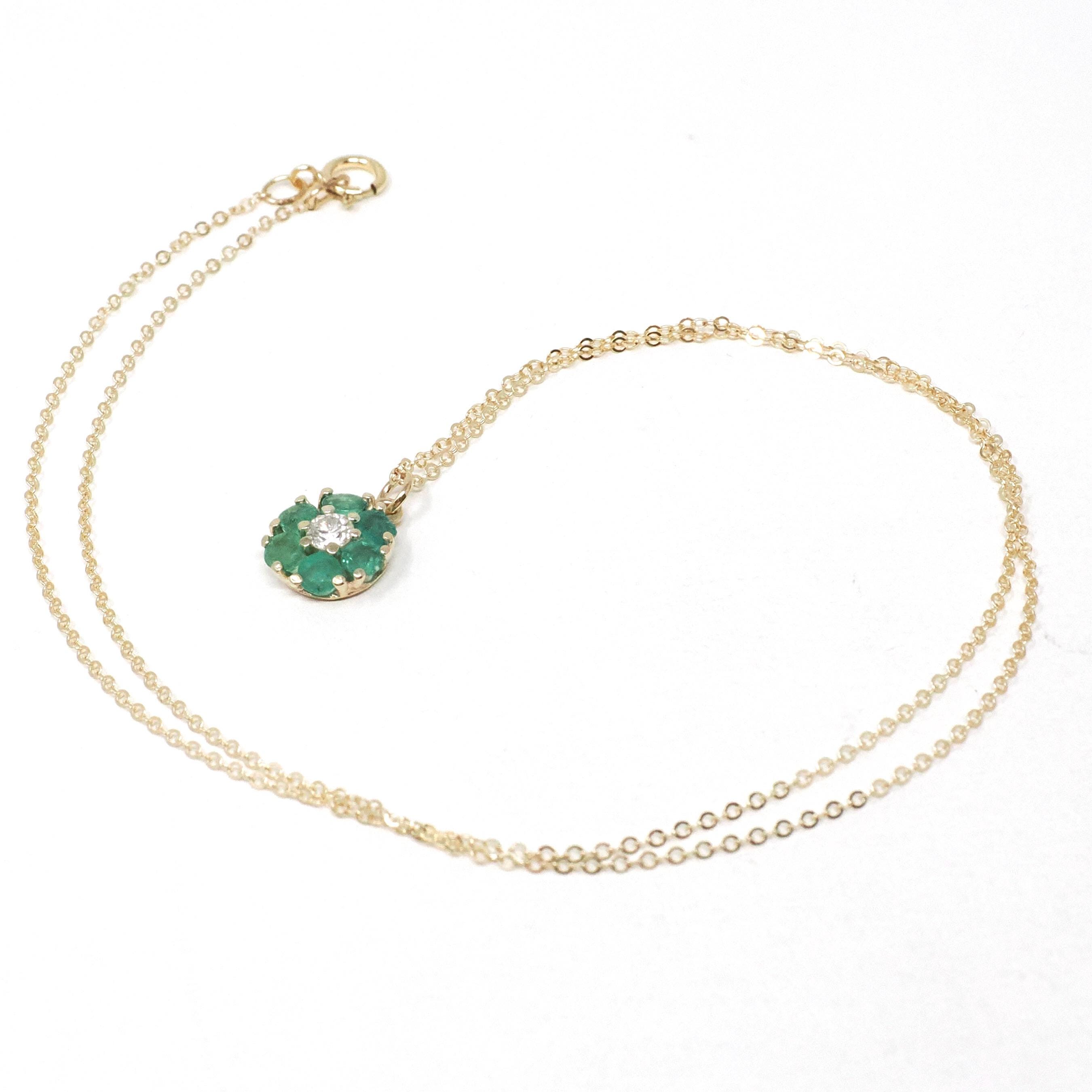 Floral Halo Necklace - Modern 14k Yellow Gold Natural .16 CT Diamond & Emerald Gemstones - Circa 1990s Petite Flower Pendant Fine Jewelry