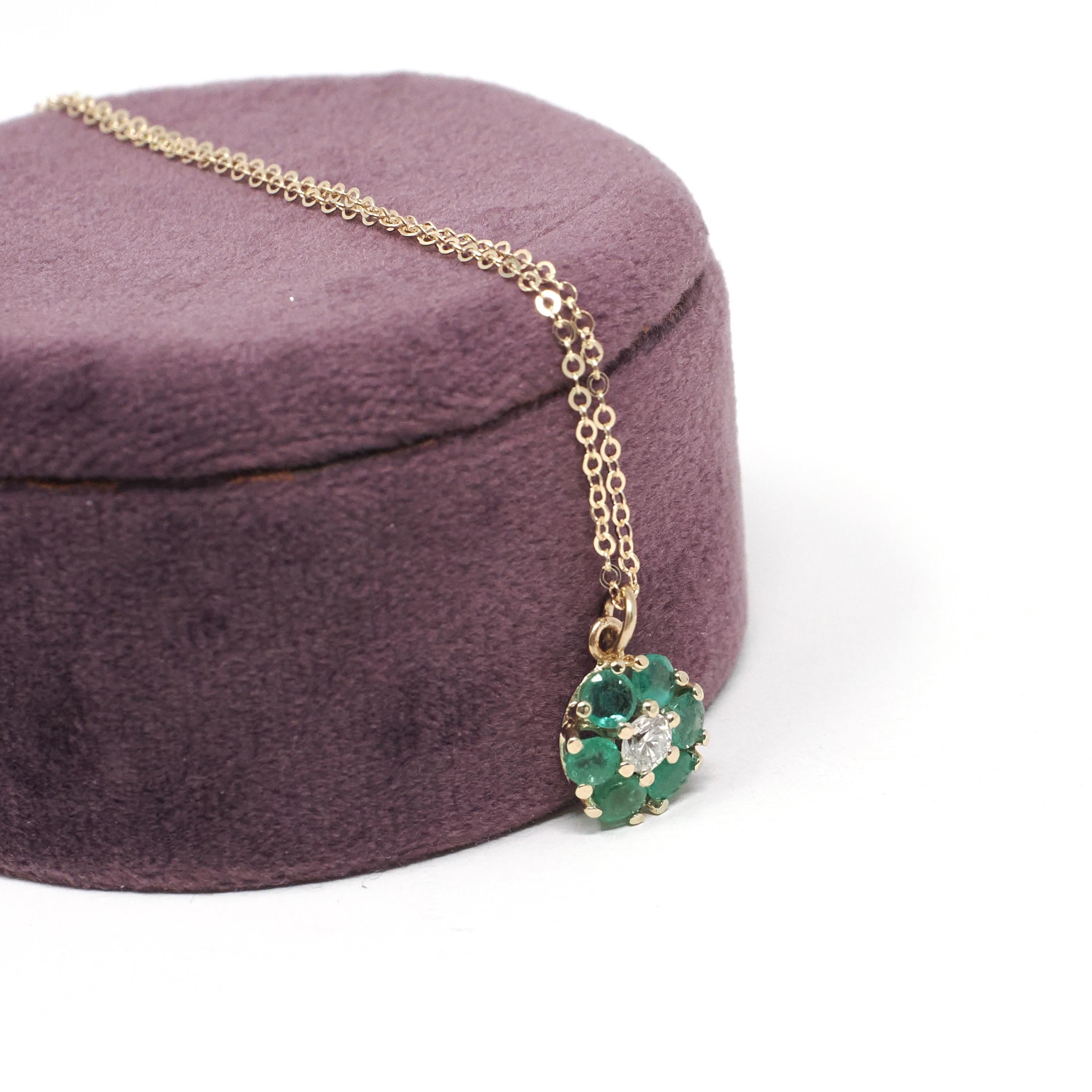 Floral Halo Necklace - Modern 14k Yellow Gold Natural .16 CT Diamond & Emerald Gemstones - Circa 1990s Petite Flower Pendant Fine Jewelry