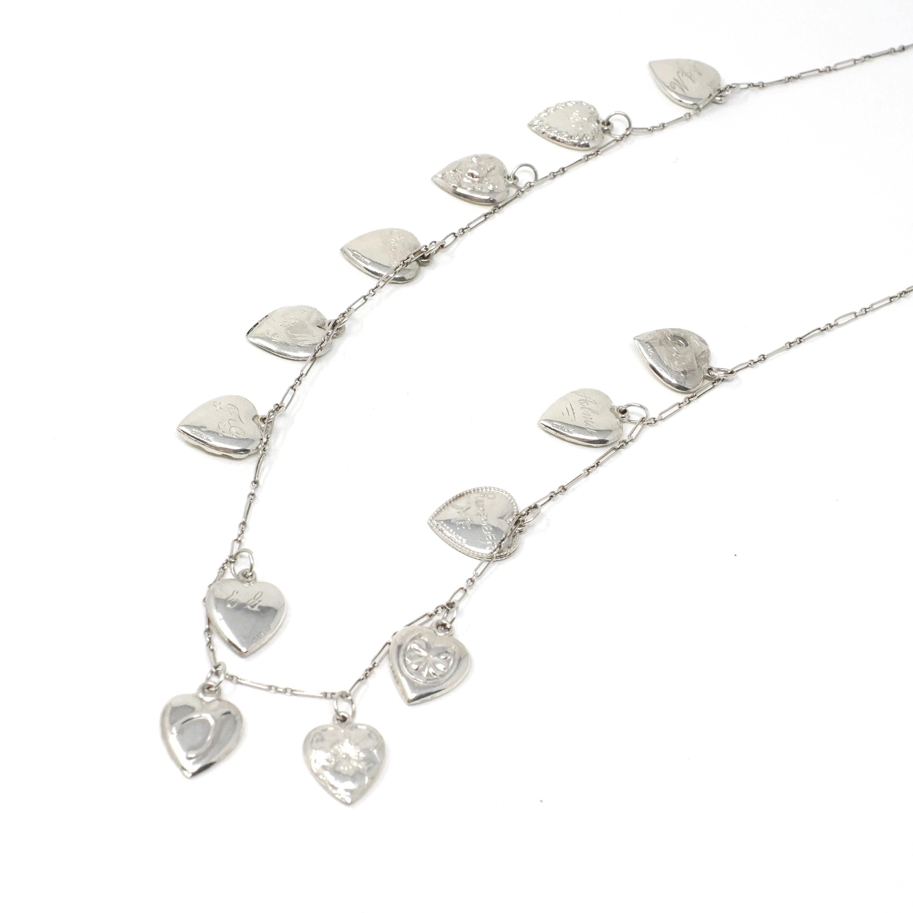 Forget Me Not Charm Necklace - Mid Century Sterling Silver Puffy Heart Pendants - Circa 1940s Repousse Designs Engraved Remembrance Jewelry