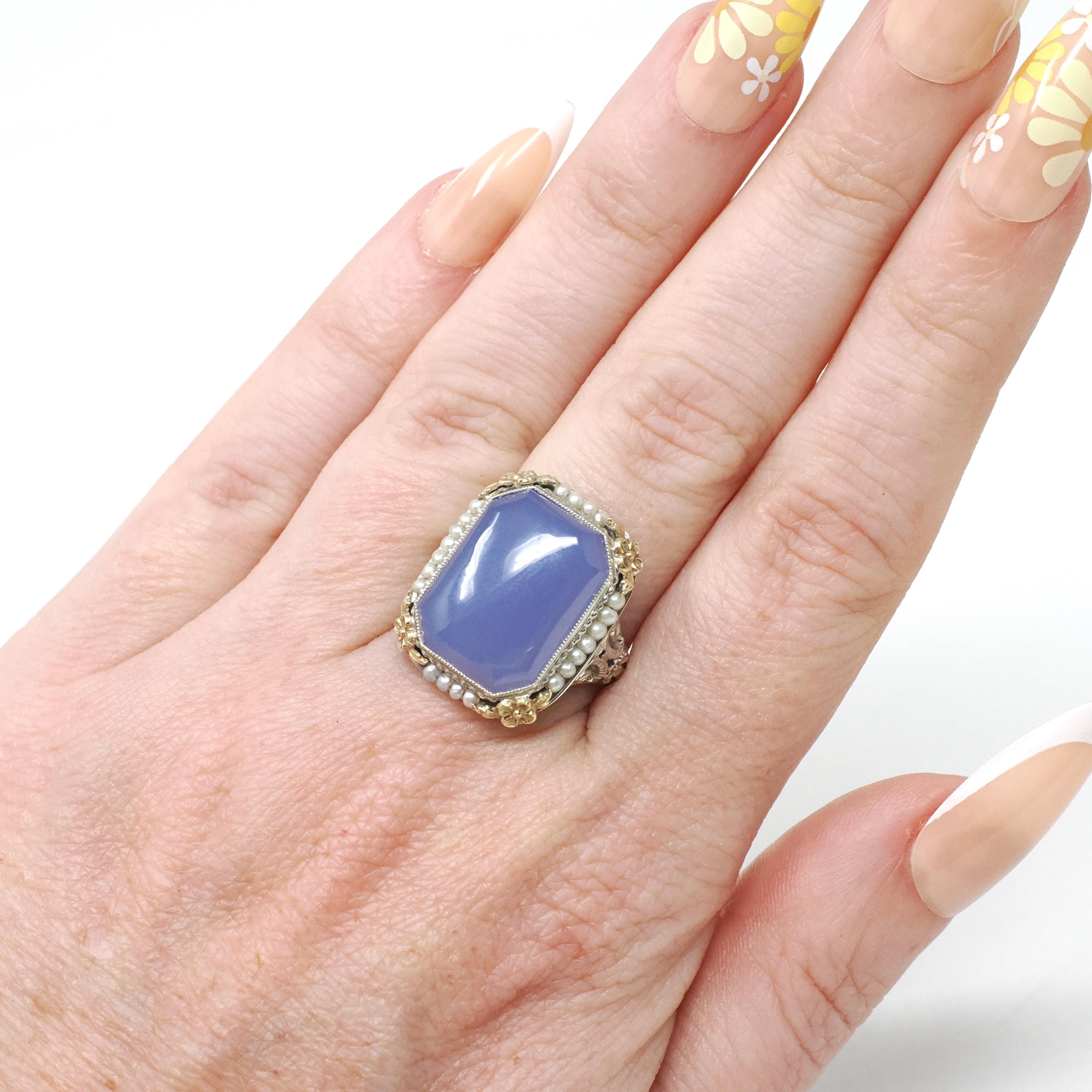 Art Deco Ring - Vintage 14k Yellow & White Gold Lavender Dyed Chalcedony Gemstone - Circa 1930s Size 5 3/4 Filigree Seed Pearl Fine Jewelry