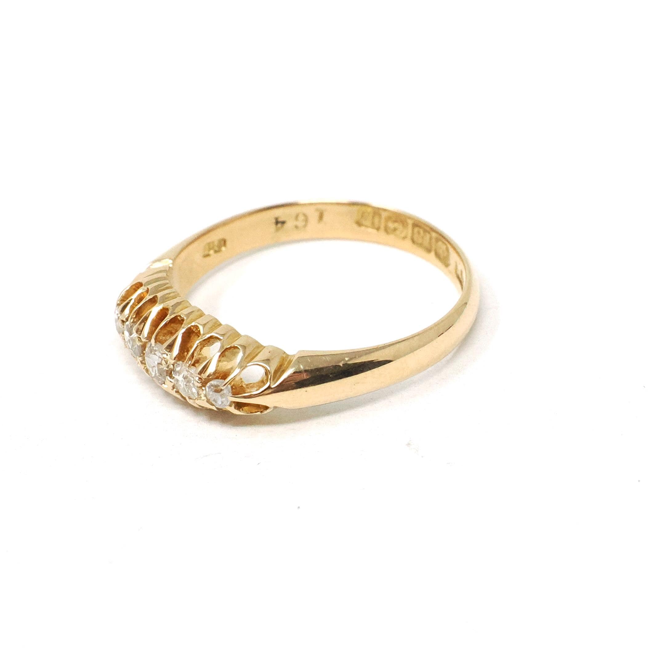 Antique Diamond Band - Edwardian 18k Yellow Gold Natural 5 Stone .13 CTW Ring - Circa 1910s Birmingham England Size 6 Fine Bridal Jewelry