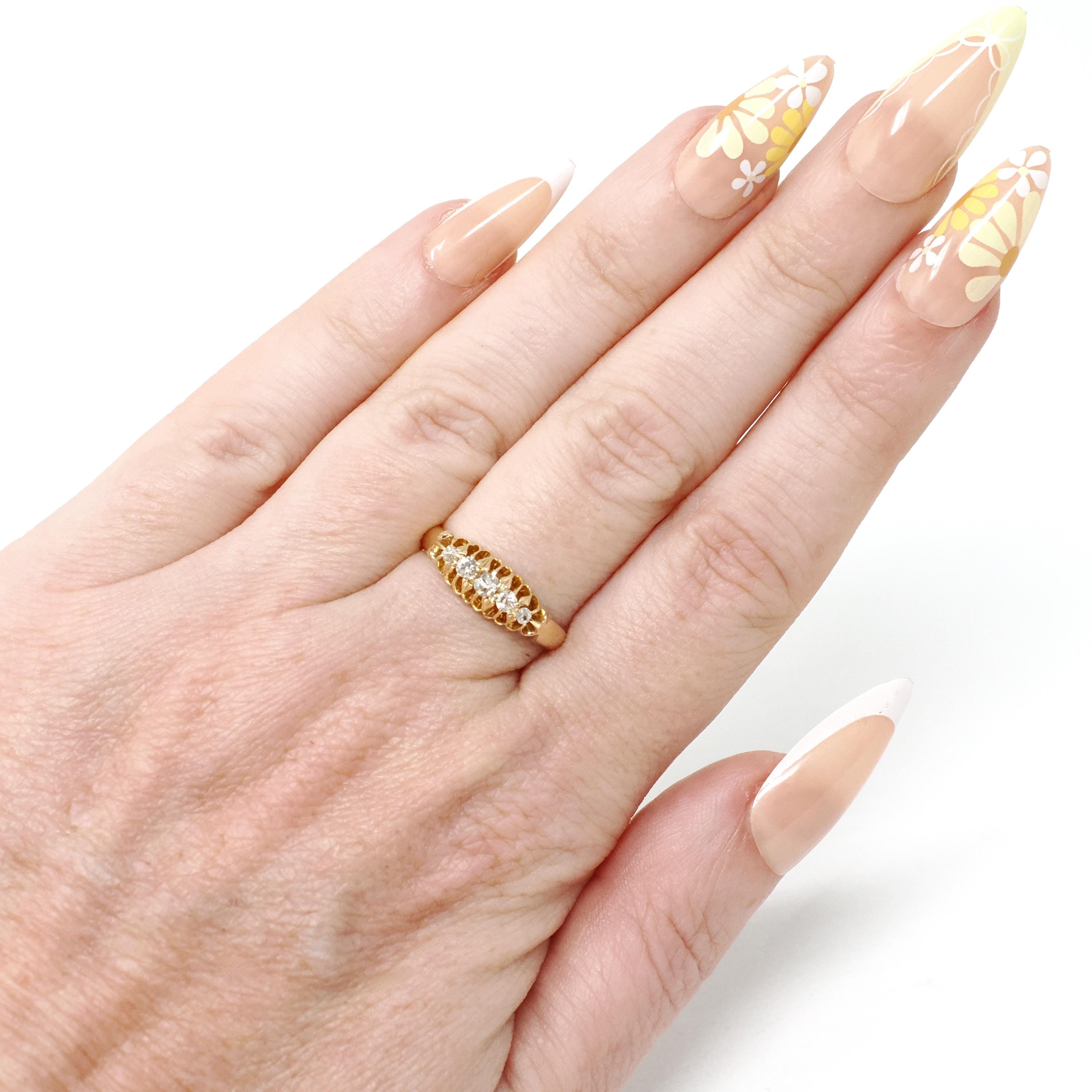 Antique Diamond Band - Edwardian 18k Yellow Gold Natural 5 Stone .13 CTW Ring - Circa 1910s Birmingham England Size 6 Fine Bridal Jewelry