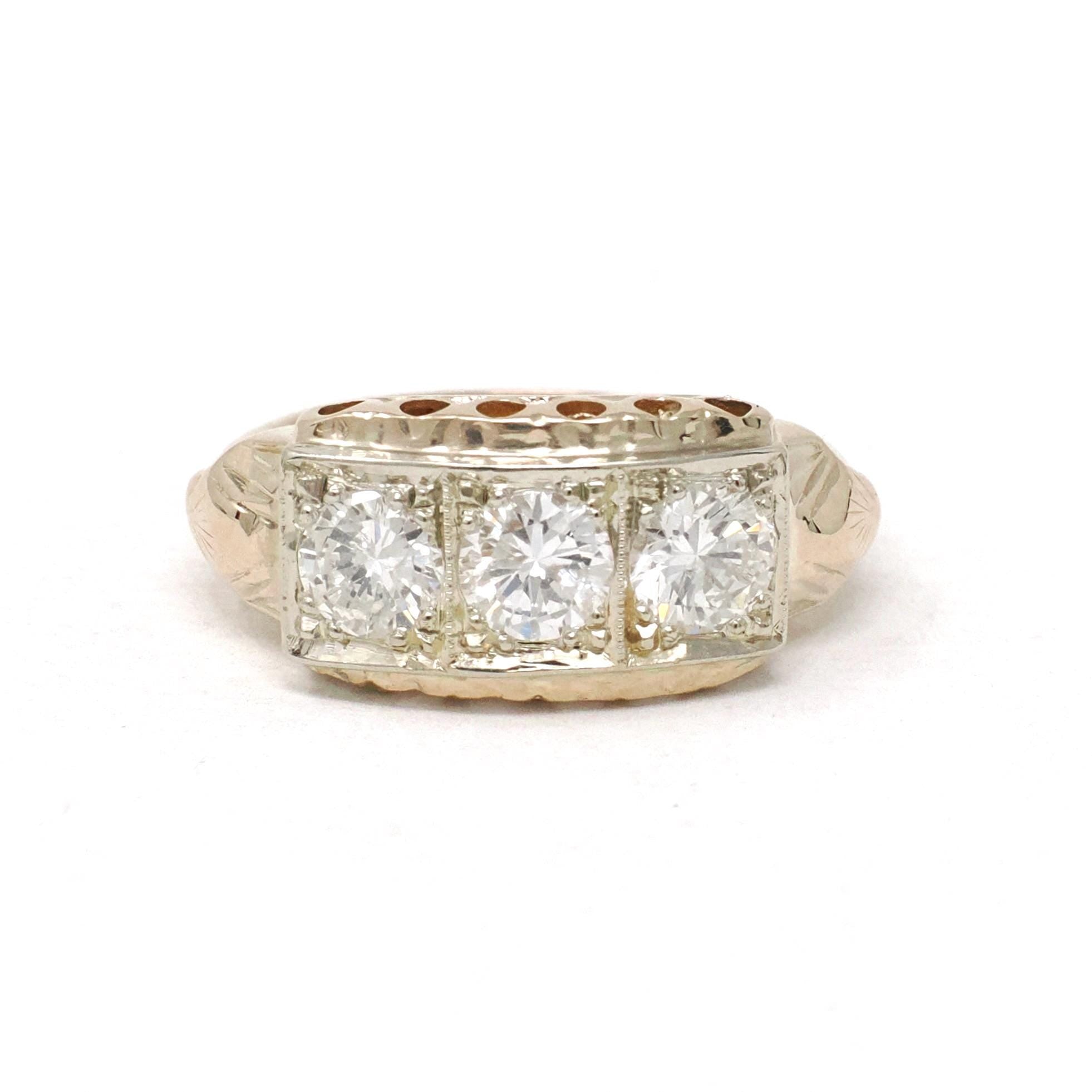 Vintage Diamond Ring - 14k Yellow Gold Three Stone Anniversary Band - Mid Century Circa 1940s Size 4 3/4 Cocktail 1.05 CTW Fine Jewelry