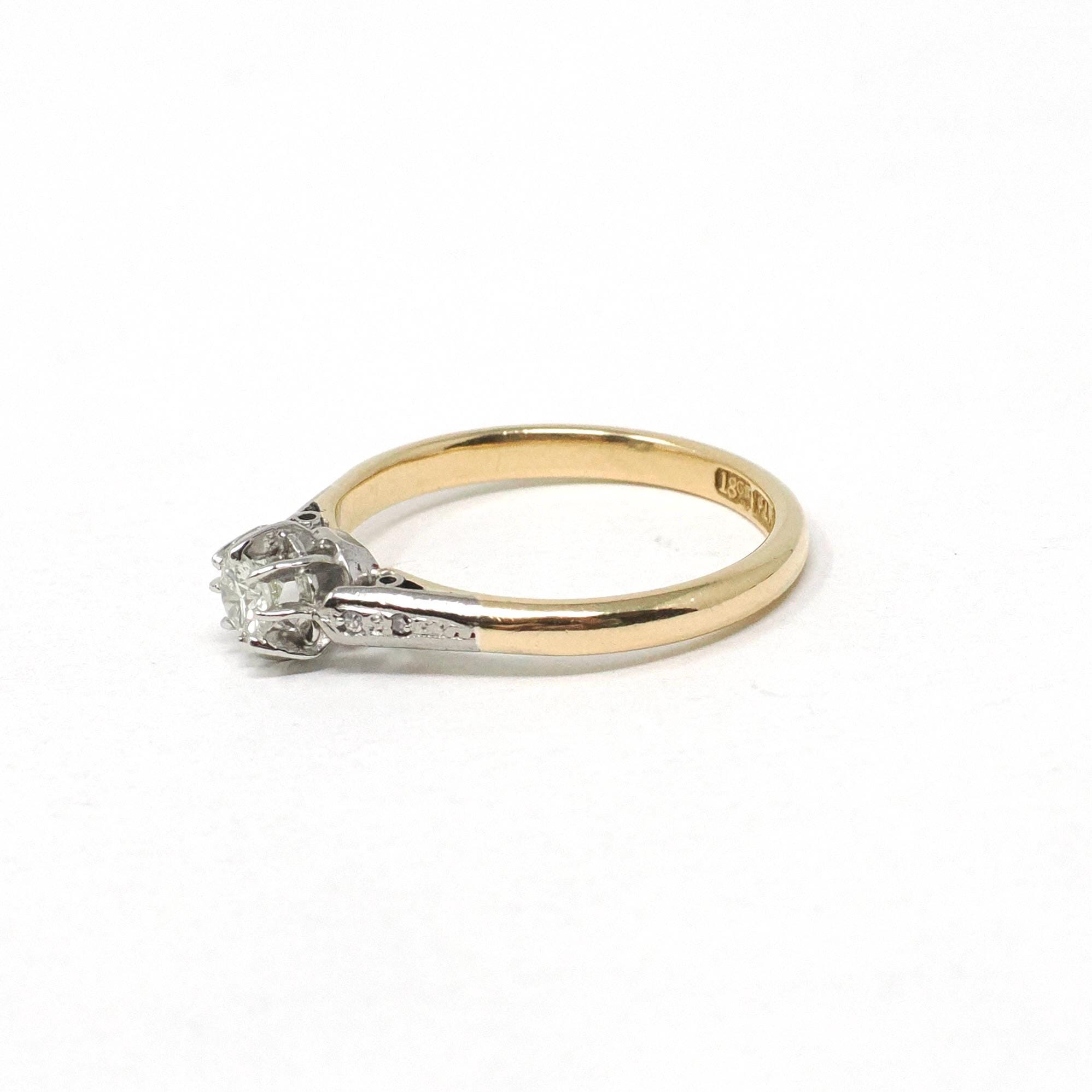 Vintage Engagement Ring - Mid Century 18k Yellow Gold Platinum .22 CT Round Cut Diamond Ring - Circa 1950s Size 7 1/4 Two Tone Fine Jewelry