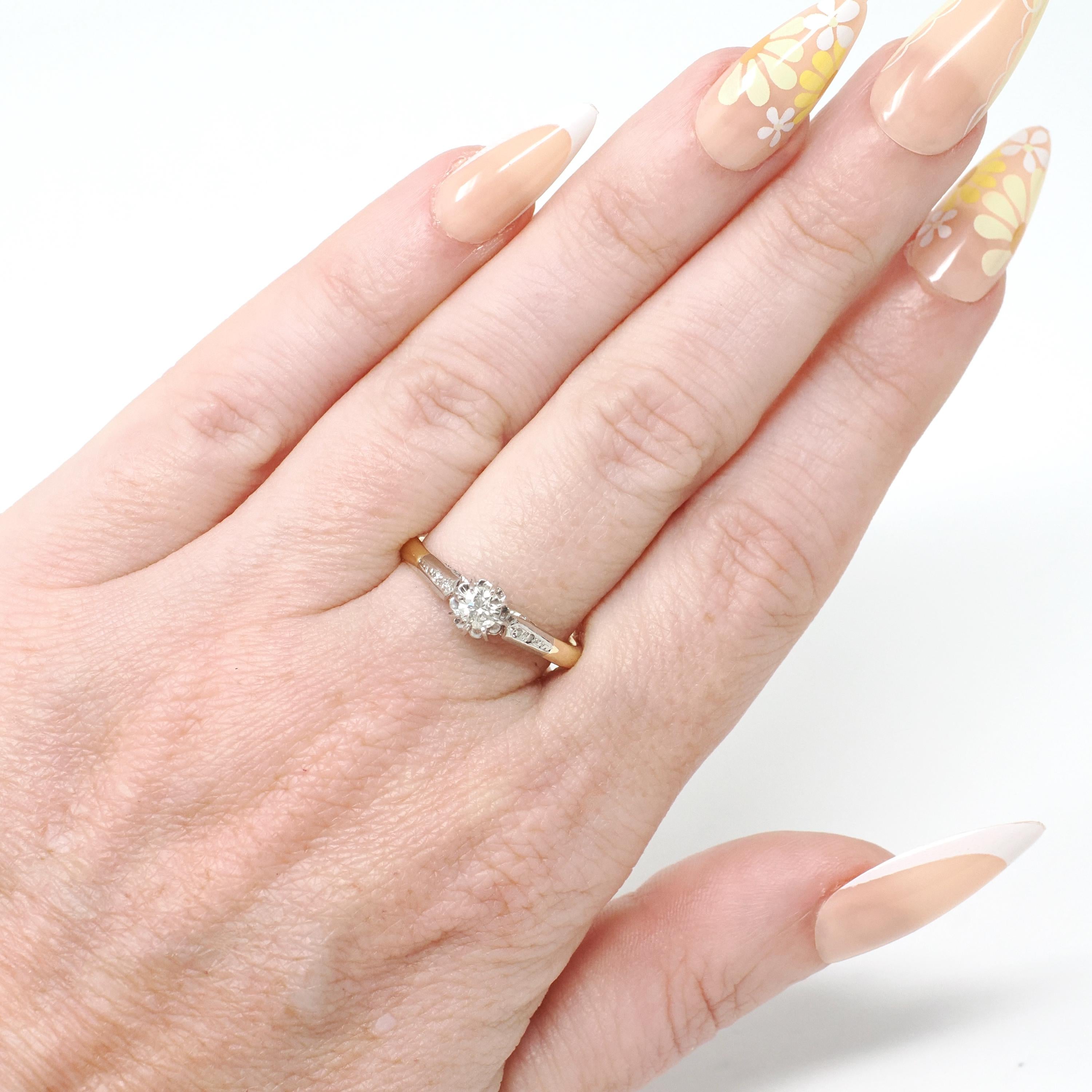 Vintage Engagement Ring - Mid Century 18k Yellow Gold Platinum .22 CT Round Cut Diamond Ring - Circa 1950s Size 7 1/4 Two Tone Fine Jewelry