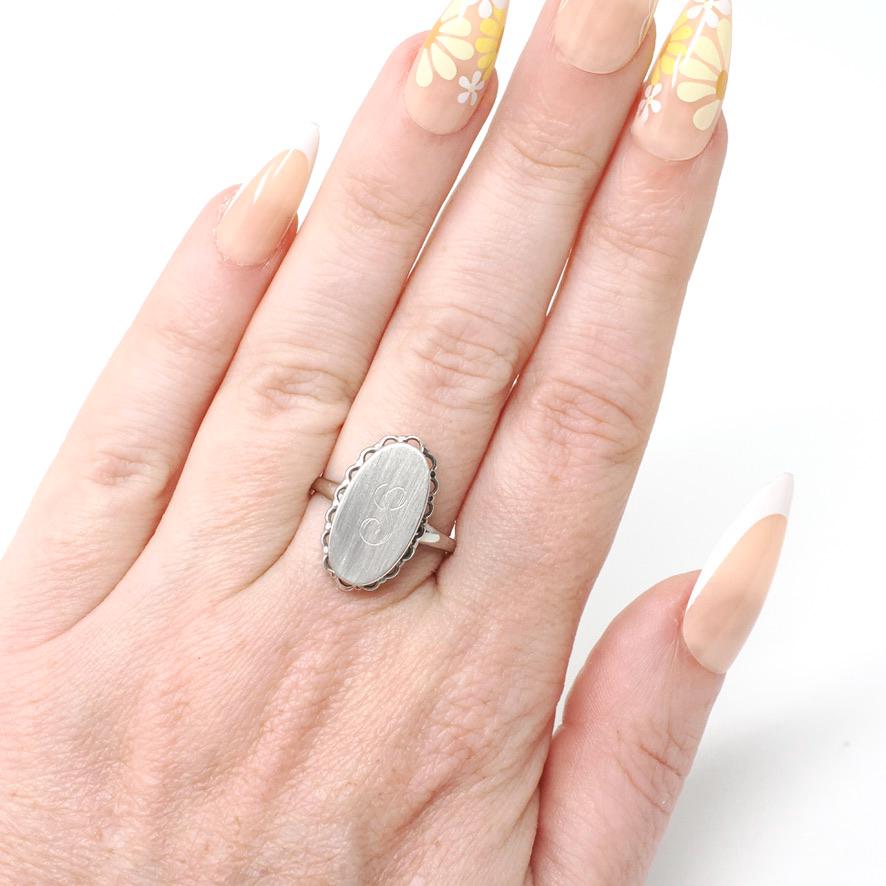 Letter "S" Signet Ring - Retro 10k White Gold Engraved Script Initial Statement - Vintage Circa 1960s Size 6 Fine 60s Scalloped Halo Jewelry