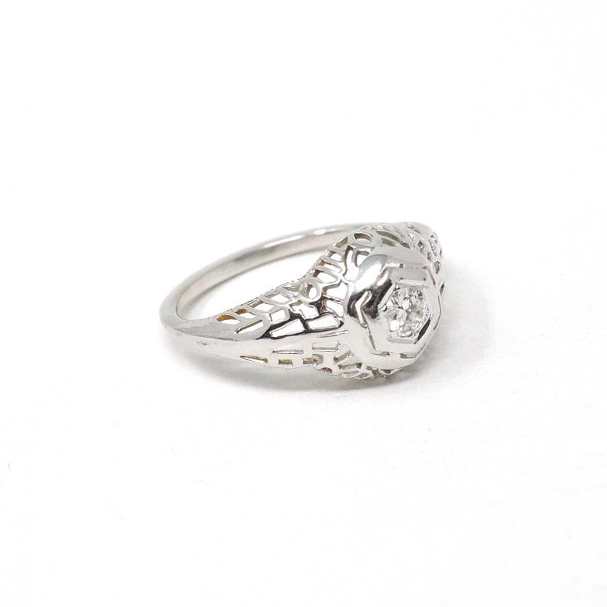 Vintage Diamond Ring - Art Deco 18k White Gold Natural .10 CT Solitaire Engagement - Circa 1930s Size 3 3/4 Hexagonal Filigree Fine Jewelry