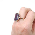 Created Color Change Sapphire Ring - Mid Century 10k Yellow & White Gold French Cut Purple Blue Gem - 1940s Era Size 6 1/4 Fine Jewelry