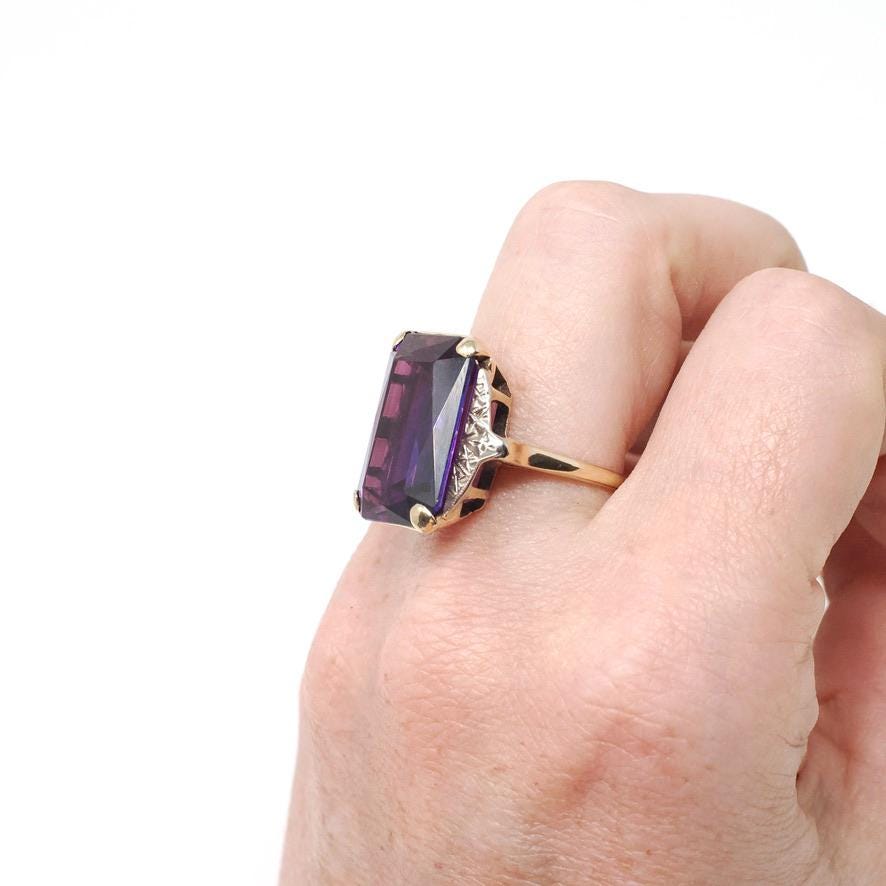 Created Color Change Sapphire Ring - Mid Century 10k Yellow & White Gold French Cut Purple Blue Gem - 1940s Era Size 6 1/4 Fine Jewelry