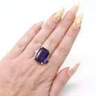 Created Color Change Sapphire Ring - Mid Century 10k Yellow & White Gold French Cut Purple Blue Gem - 1940s Era Size 6 1/4 Fine Jewelry