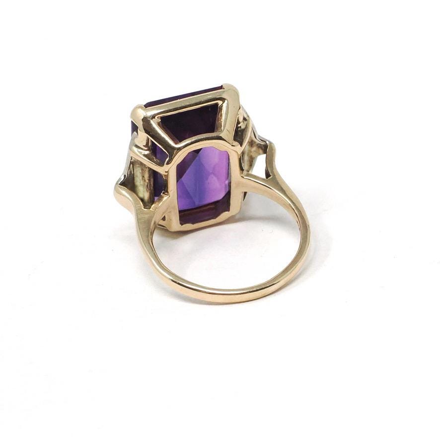 Created Color Change Sapphire Ring - Mid Century 10k Yellow & White Gold French Cut Purple Blue Gem - 1940s Era Size 6 1/4 Fine Jewelry