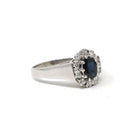 Sapphire & Diamond Halo Ring - 9k White Gold Oval Blue Gemstone Engagement - Dated 1979 Retro Era Size 9 1/4 Fine Hallmarked Bridal Jewelry