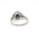 Sapphire & Diamond Halo Ring - 9k White Gold Oval Blue Gemstone Engagement - Dated 1979 Retro Era Size 9 1/4 Fine Hallmarked Bridal Jewelry