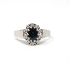 Sapphire & Diamond Halo Ring - 9k White Gold Oval Blue Gemstone Engagement - Dated 1979 Retro Era Size 9 1/4 Fine Hallmarked Bridal Jewelry