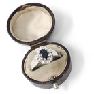 Sapphire & Diamond Halo Ring - 9k White Gold Oval Blue Gemstone Engagement - Dated 1979 Retro Era Size 9 1/4 Fine Hallmarked Bridal Jewelry