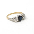 Vintage Sapphire & Diamond Ring - Mid Century 18k Yellow Gold Platinum Natural Three Stone - Circa 1950s Size 5 3/4 Fine Anniversary Jewelry