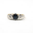 Vintage Sapphire & Diamond Ring - Mid Century 18k Yellow Gold Platinum Natural Three Stone - Circa 1950s Size 5 3/4 Fine Anniversary Jewelry
