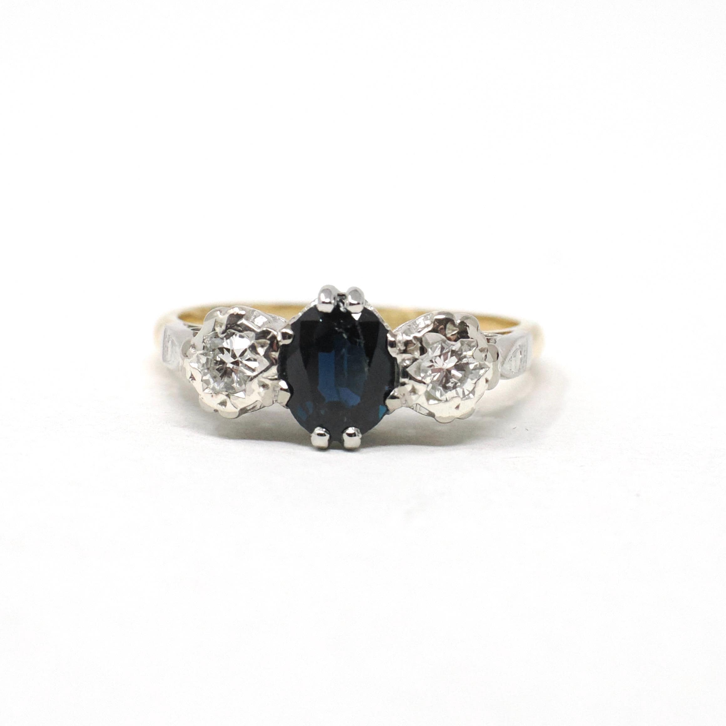 Vintage Sapphire & Diamond Ring - Mid Century 18k Yellow Gold Platinum Natural Three Stone - Circa 1950s Size 5 3/4 Fine Anniversary Jewelry
