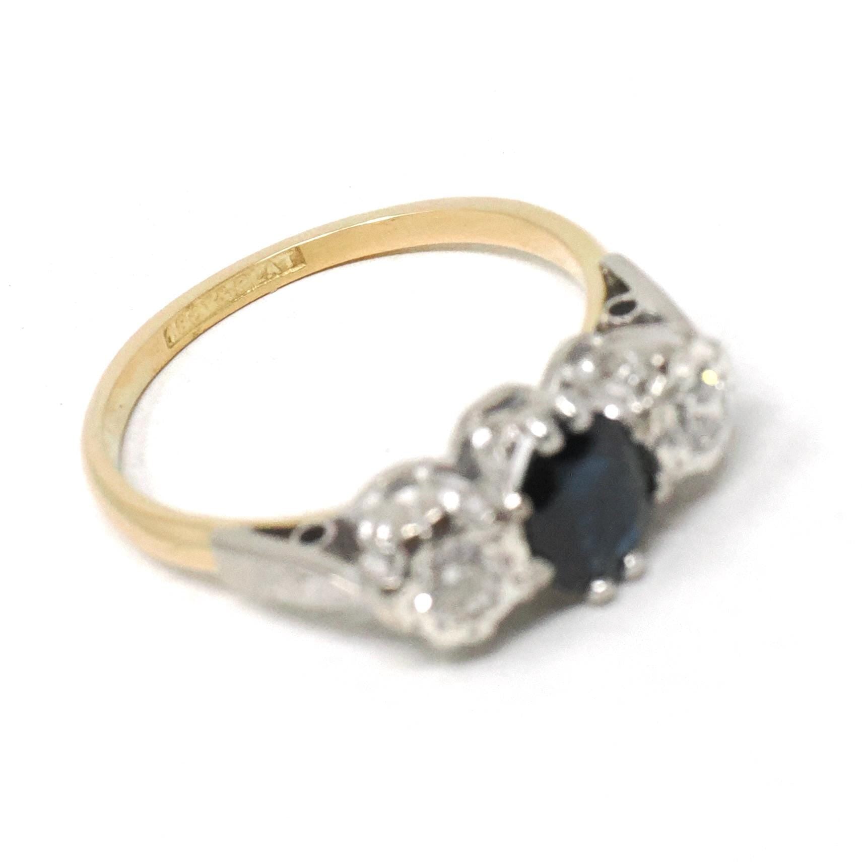 Vintage Sapphire & Diamond Ring - Mid Century 18k Yellow Gold Platinum Natural Three Stone - Circa 1950s Size 5 3/4 Fine Anniversary Jewelry