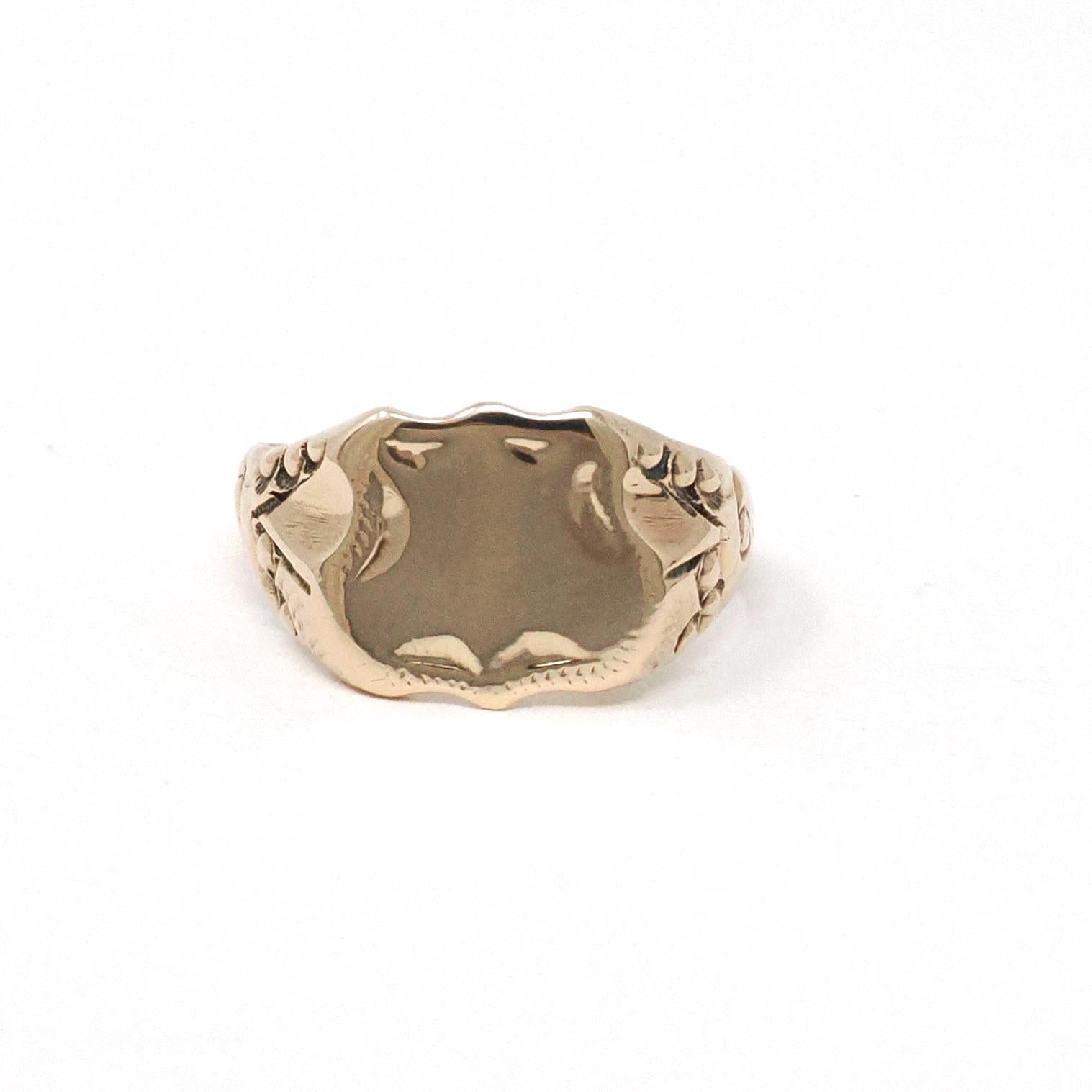 Edwardian Signet Ring - Antique 10k Rosy Yellow Gold Blank Shield Statement Unisex Band - Circa 1900s Era Size 5 1/2 Fine Floral Jewelry