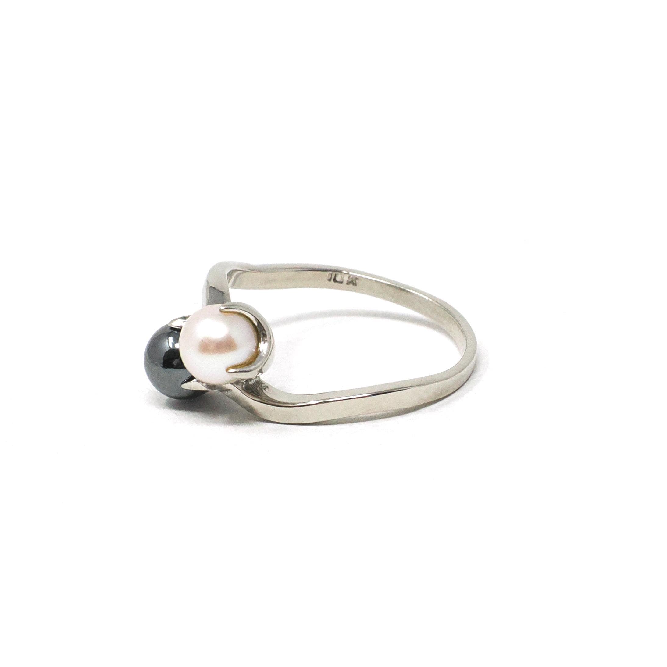 Vintage Toi Et Moi Ring - 10k White Gold Pearl & Hematite Bypass - Mid Century Era Circa 1950s Size 6 3/4 Fine June March Birthstone Jewelry