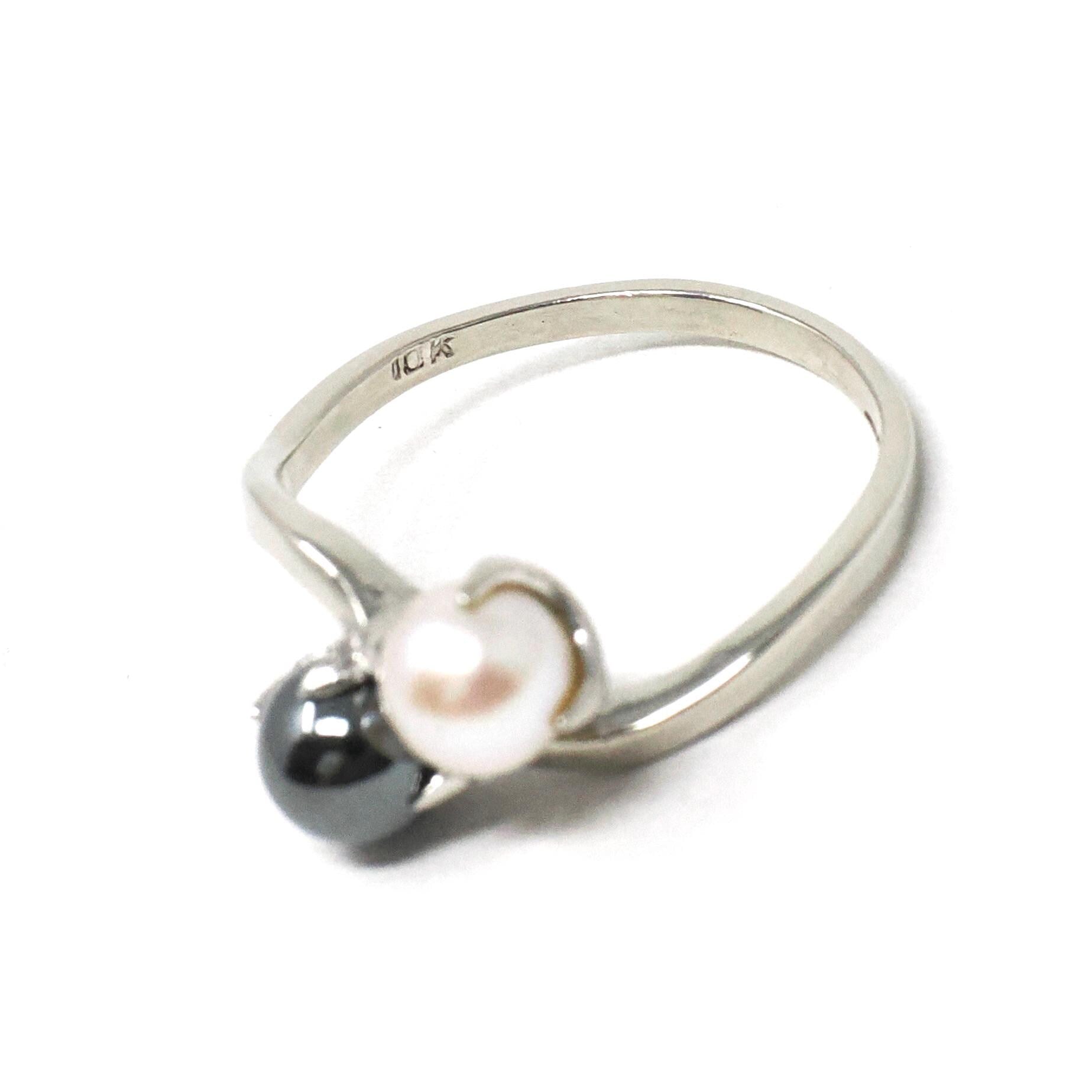 Vintage Toi Et Moi Ring - 10k White Gold Pearl & Hematite Bypass - Mid Century Era Circa 1950s Size 6 3/4 Fine June March Birthstone Jewelry