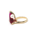 Created Ruby Ring - Retro Era 14k Yellow Gold Fancy Triangle Cut Gemstone - Vintage Circa 1970s Era Size 6 1/4 Pearl Accent Fine Jewelry