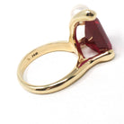 Created Ruby Ring - Retro Era 14k Yellow Gold Fancy Triangle Cut Gemstone - Vintage Circa 1970s Era Size 6 1/4 Pearl Accent Fine Jewelry
