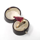 Created Ruby Ring - Retro Era 14k Yellow Gold Fancy Triangle Cut Gemstone - Vintage Circa 1970s Era Size 6 1/4 Pearl Accent Fine Jewelry