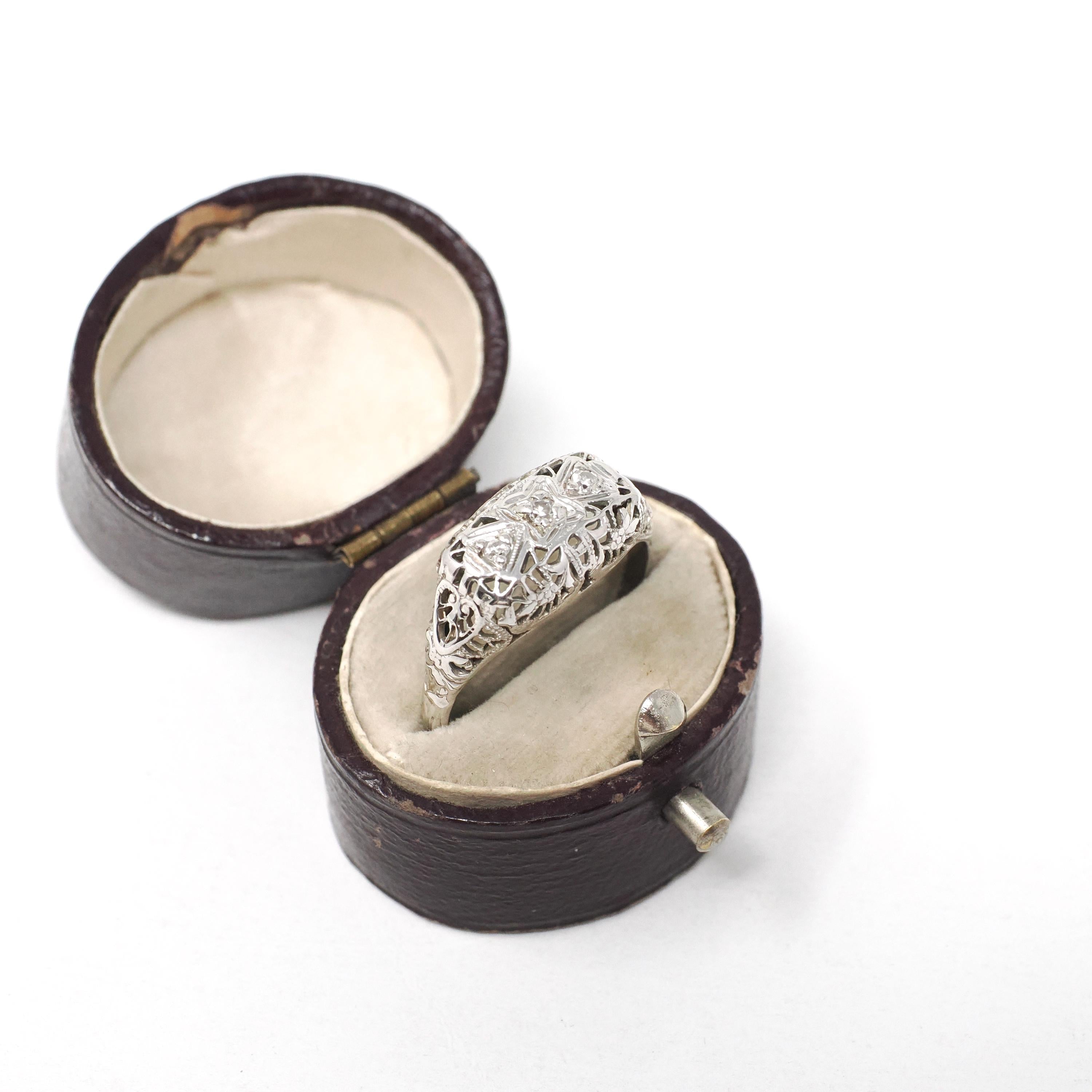 Art Deco Filigree Ring - Vintage 18k White Gold .07 CTW Natural Diamond Band - Circa 1930s Size 7 3/4 Bridal Fine Wedding Engagement Jewelry