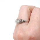Art Deco Filigree Ring - Vintage 18k White Gold .07 CTW Natural Diamond Band - Circa 1930s Size 7 3/4 Bridal Fine Wedding Engagement Jewelry