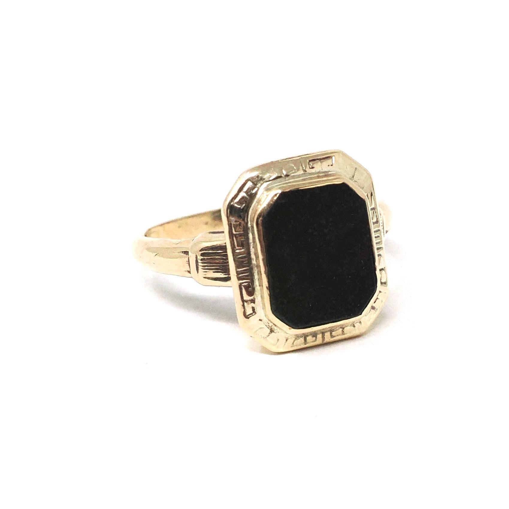 Vintage Bloodstone Ring - Art Deco 10k Yellow Gold Green & Oxblood Red Gemstone - Circa 1930s March Birthstone Size 6 Greek Key Fine Jewelry