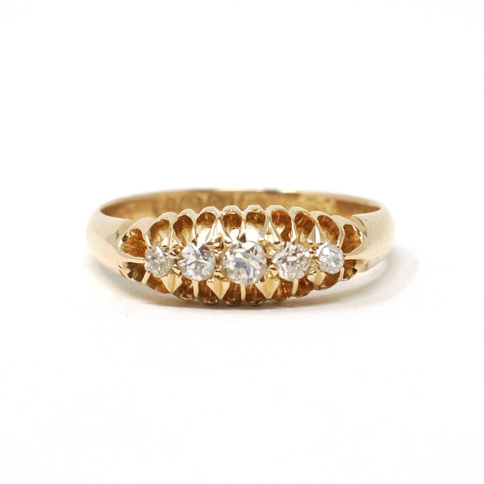 Antique Diamond Band - Edwardian 18k Yellow Gold Natural 5 Stone .13 CTW Ring - Circa 1910s Birmingham England Size 6 Fine Bridal Jewelry