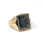 Vintage Hematite Ring - Mid Century 10k Yellow Gold Intaglio Carved Metallic Gray Gem - Circa 1940s Era Size 10 3/4 Statement Fine Jewelry