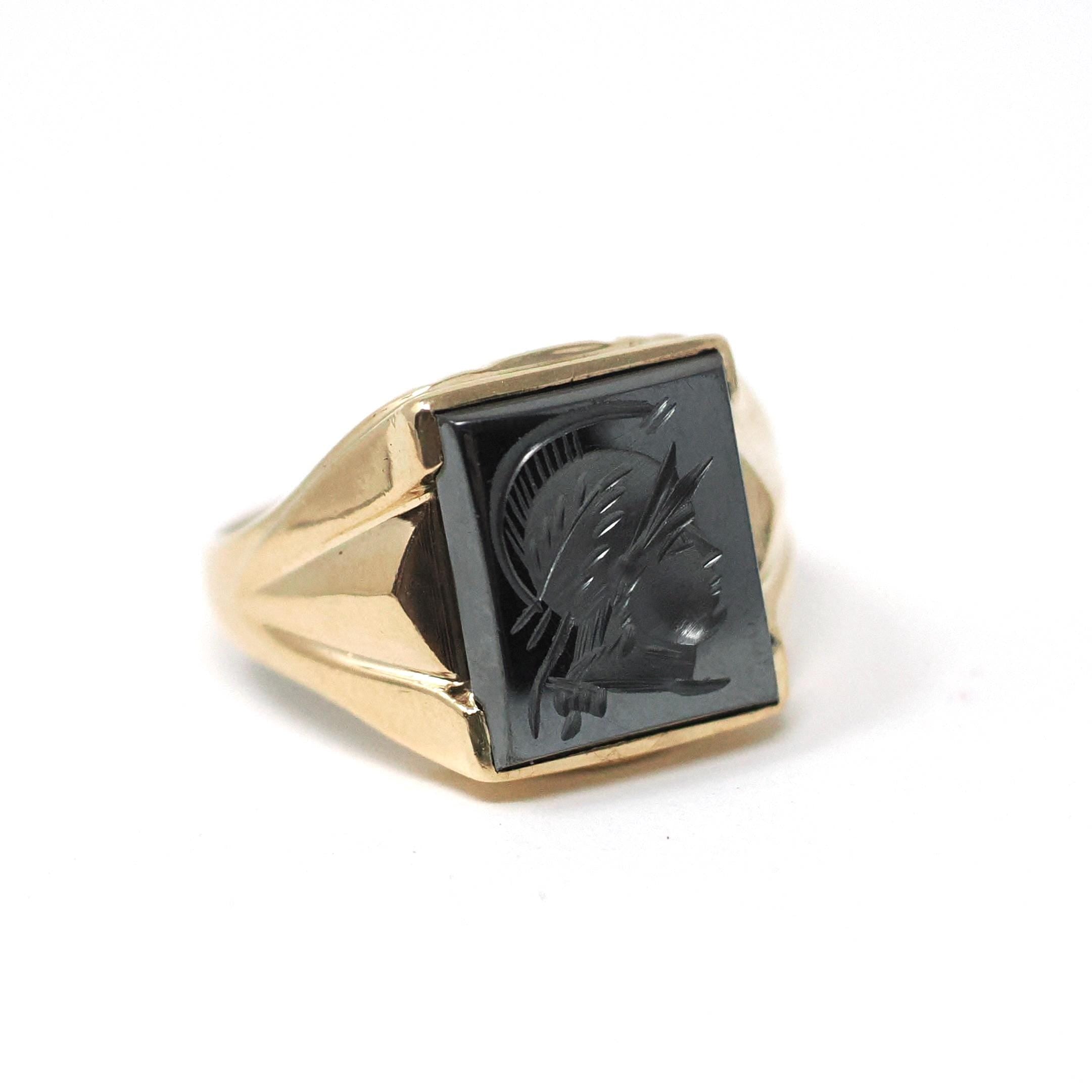 Vintage Hematite Ring - Mid Century 10k Yellow Gold Intaglio Carved Metallic Gray Gem - Circa 1940s Era Size 10 3/4 Statement Fine Jewelry