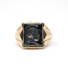 Vintage Hematite Ring - Mid Century 10k Yellow Gold Intaglio Carved Metallic Gray Gem - Circa 1940s Era Size 10 3/4 Statement Fine Jewelry