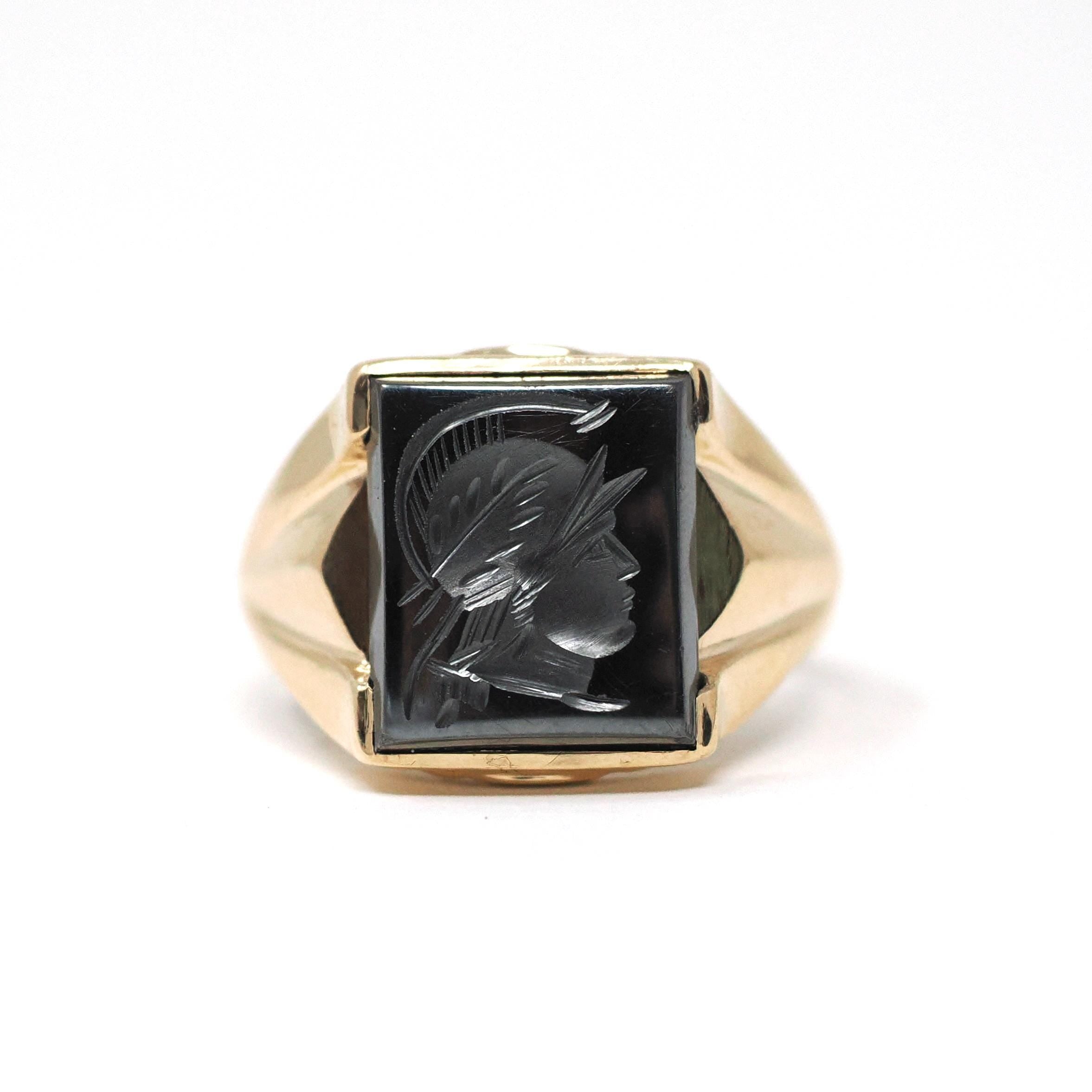 Vintage Hematite Ring - Mid Century 10k Yellow Gold Intaglio Carved Metallic Gray Gem - Circa 1940s Era Size 10 3/4 Statement Fine Jewelry