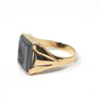 Vintage Hematite Ring - Mid Century 10k Yellow Gold Intaglio Carved Metallic Gray Gem - Circa 1940s Era Size 10 3/4 Statement Fine Jewelry