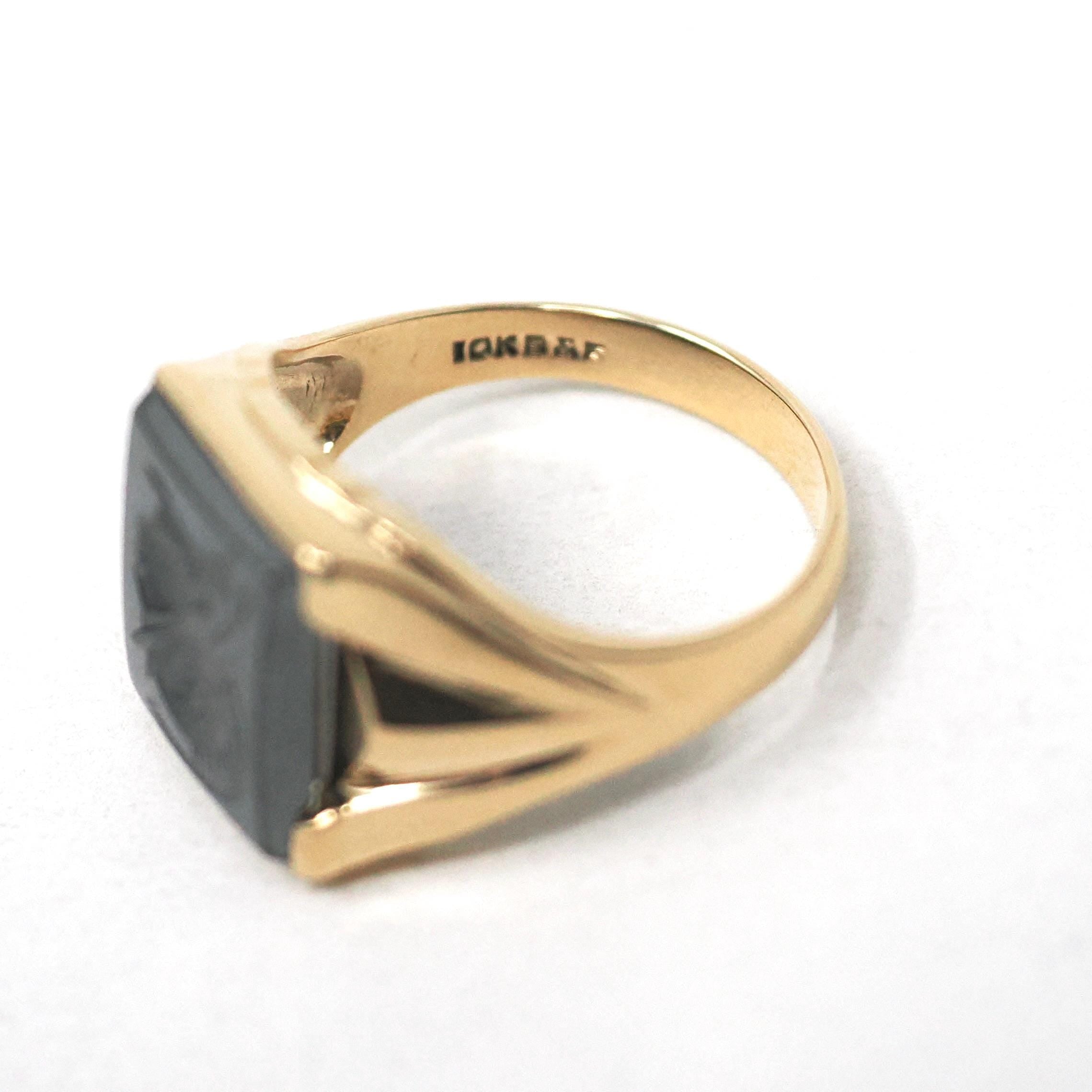 Vintage Hematite Ring - Mid Century 10k Yellow Gold Intaglio Carved Metallic Gray Gem - Circa 1940s Era Size 10 3/4 Statement Fine Jewelry
