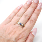 Tanzanite & Diamond Ring - Modern 14k Yellow Gold Three Stone Gem Band - Estate Circa 2000's Era Size 6 3/4 Purple Flush Set Fine Jewelry
